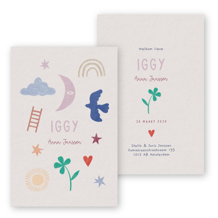 froukje den nijs symbolen illustraties geboortekaartje klavertje vogel zon maan sterren hemel