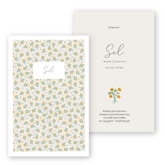 Geboortekaartje gele bloemen