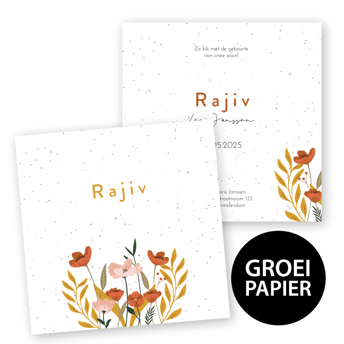 Geboortekaartje groeipapier botanisch bloemen Rajiv