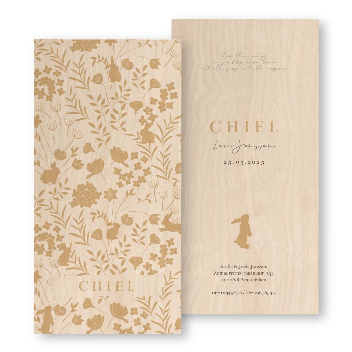 Geboortekaartje hout lente konijntjes langwerpig Chiel