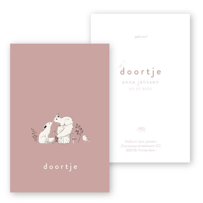 Geboortekaartje getekend vosje en eekhoorn