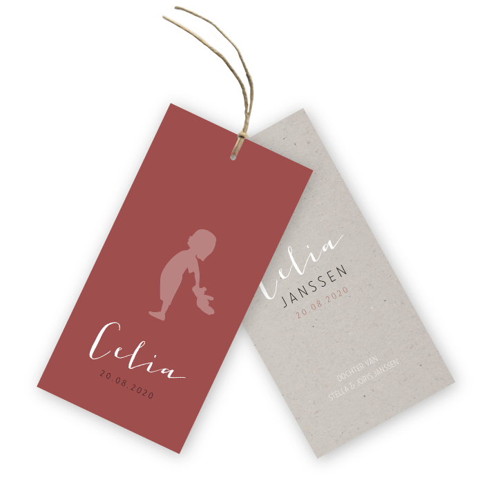 Geboortekaartje labels grijs kraft silhouetje Celia