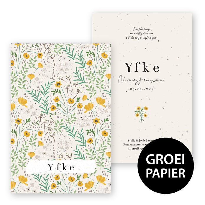 Geboortekaartje groeipapier lente bloemen Yfke