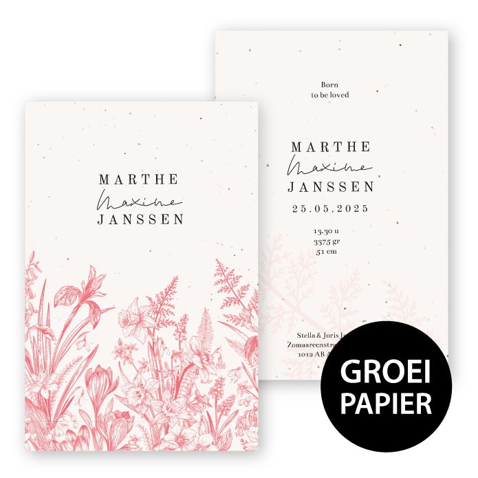 Geboortekaartje groeipapier wilde bloemen Marthe