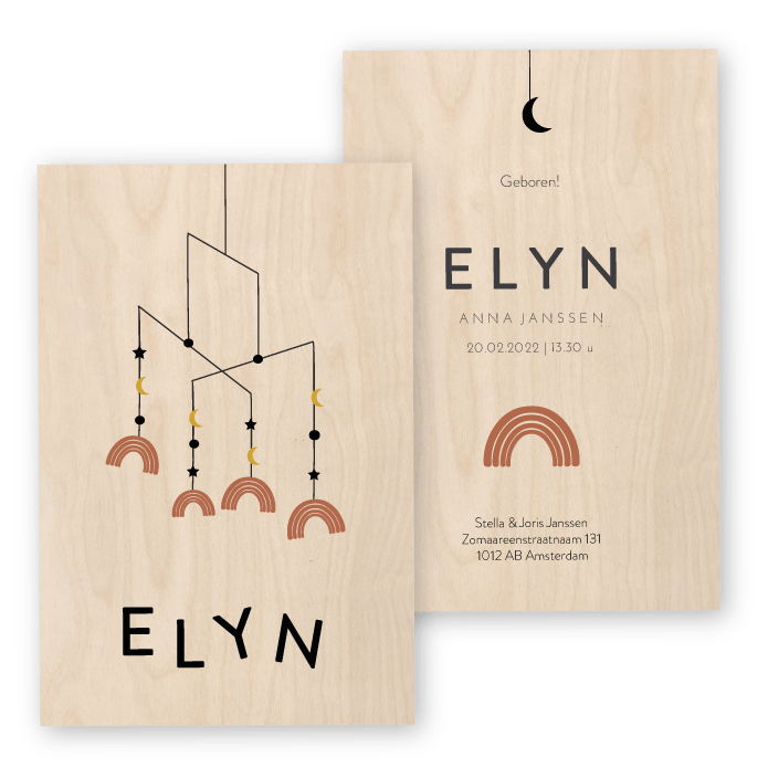 Geboortekaartje hout mobiel regenboog Elyn