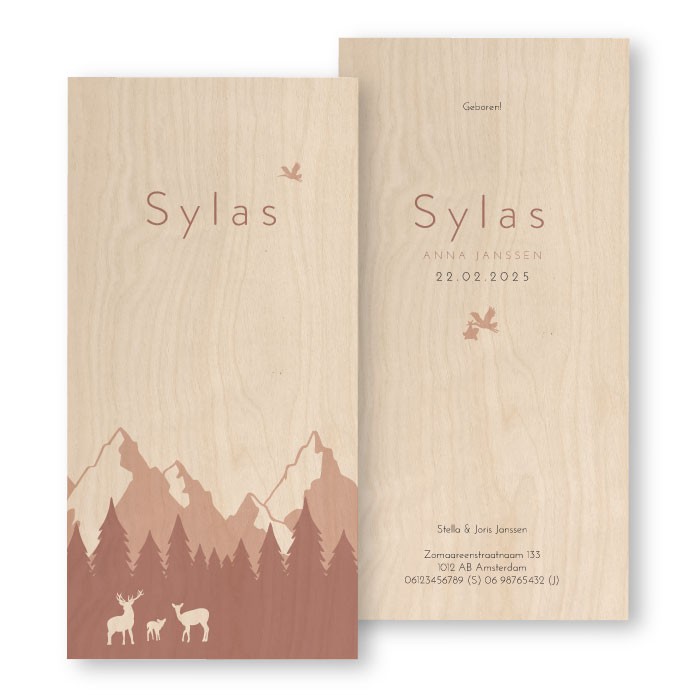 Geboortekaartje hout bergen Sylas