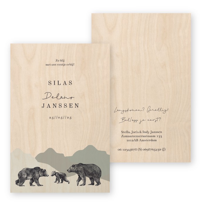 Geboortekaartje hout bergen Silas