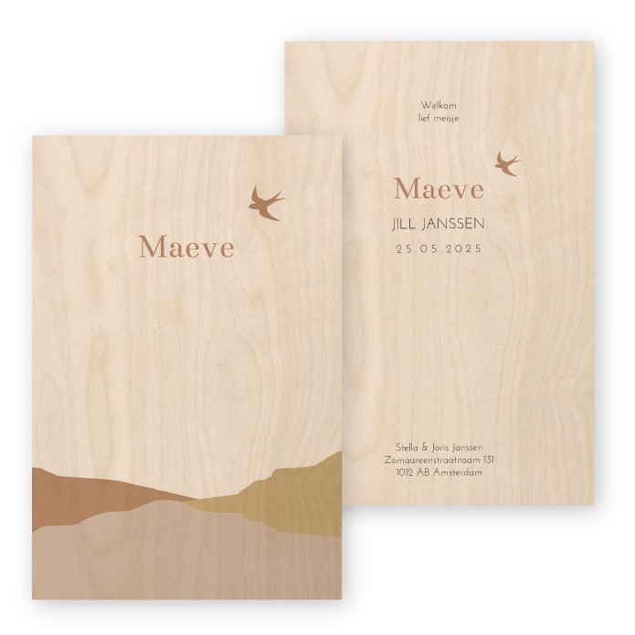 Geboortekaartje hout bergen Maeve