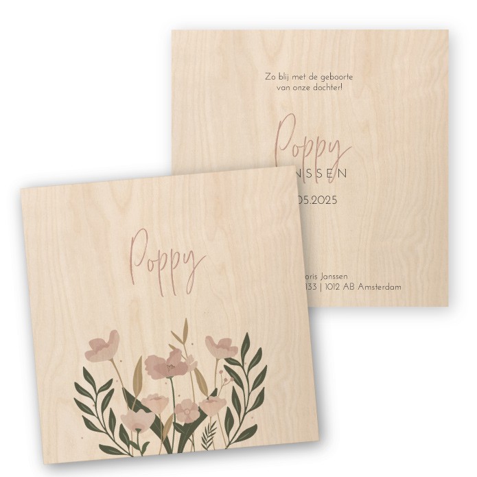 Geboortekaartje hout botanisch bloemen Poppy