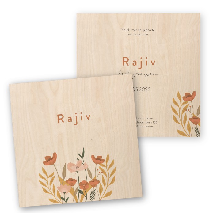 Geboortekaartje hout botanisch bloemen Rajiv