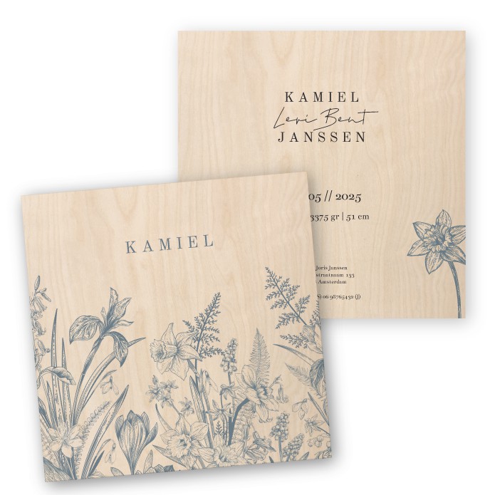Geboortekaartje hout wilde bloemen vierkant Kamiel