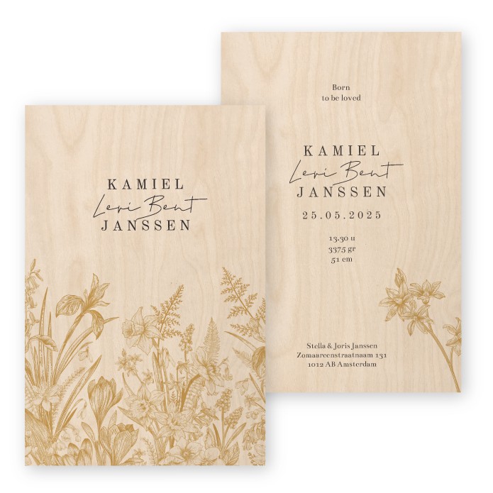 Geboortekaartje hout wilde bloemen Kamiel