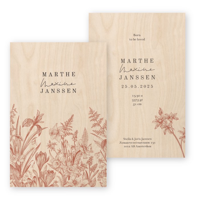 Geboortekaartje hout wilde bloemen Marthe
