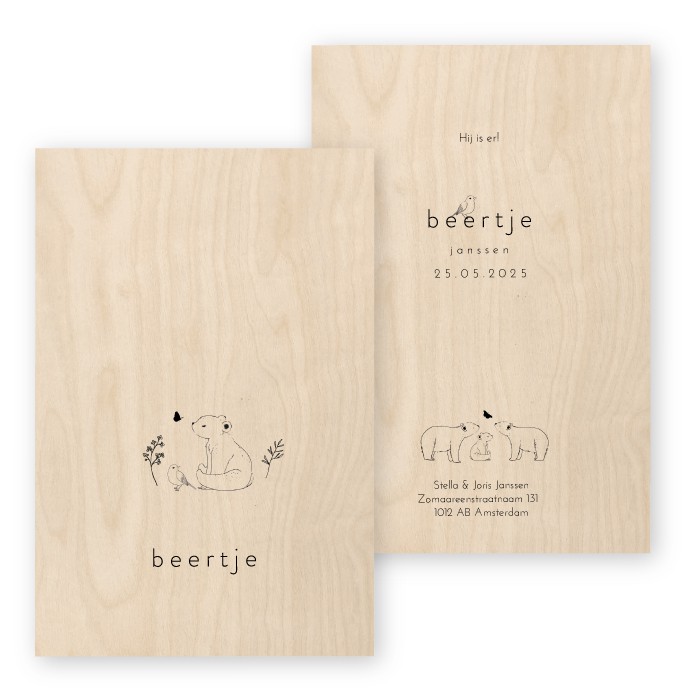 Geboortekaartje hout beren met vlinder