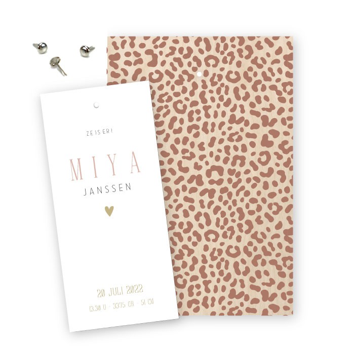 Geboortekaartje hout klembord panterprint Miya