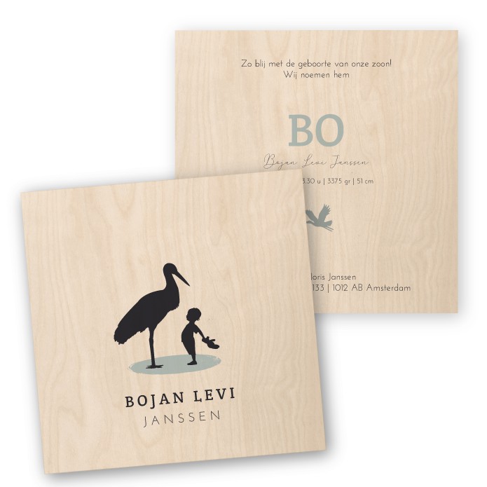 Geboortekaartje hout ooievaar Bojan