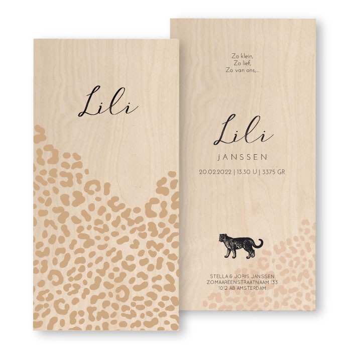 Geboortekaartje houten panterprint  Lili