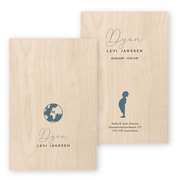 Geboortekaartje hout wereldbol Dyon