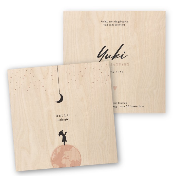 Geboortekaartje hout wereldbol Yuki