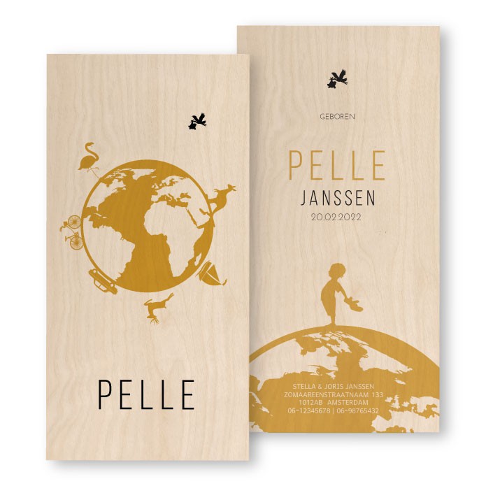 Geboortekaartje wereldbol hout Pelle