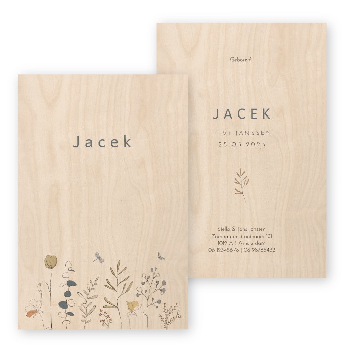 Geboortekaartje hout getekende bloemen Jacek