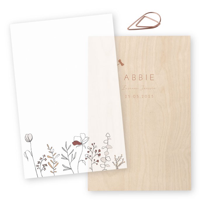 Geboortekaartje meisje hout kalk bloemen