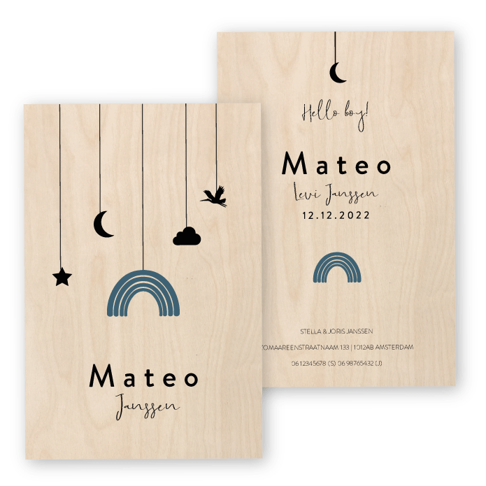 Geboortekaartje hout Mateo regenboog