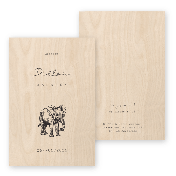Geboortekaartje hout olifant Dillen