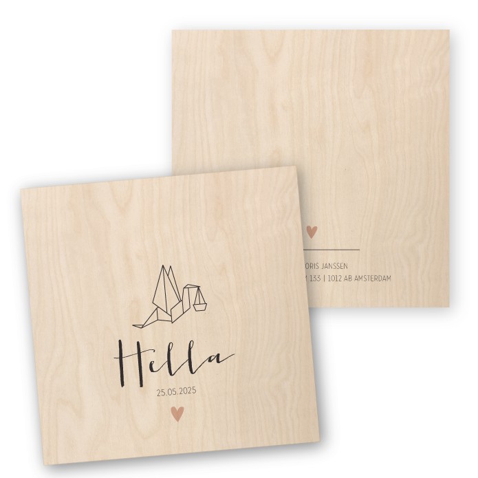 Geboortekaartje hout geometrisch ooievaar Hella