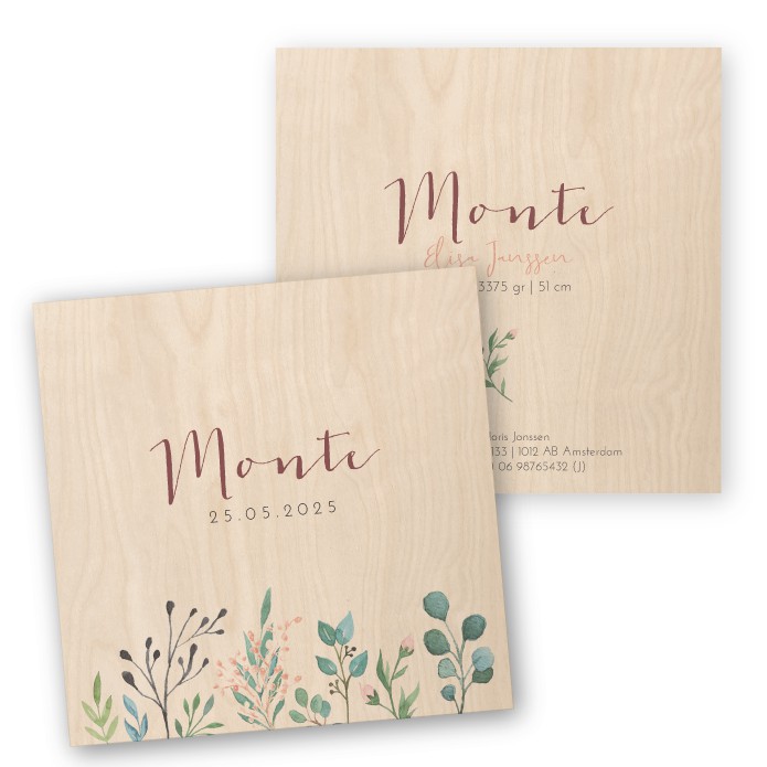 Geboortekaartje hout waterverf Monte