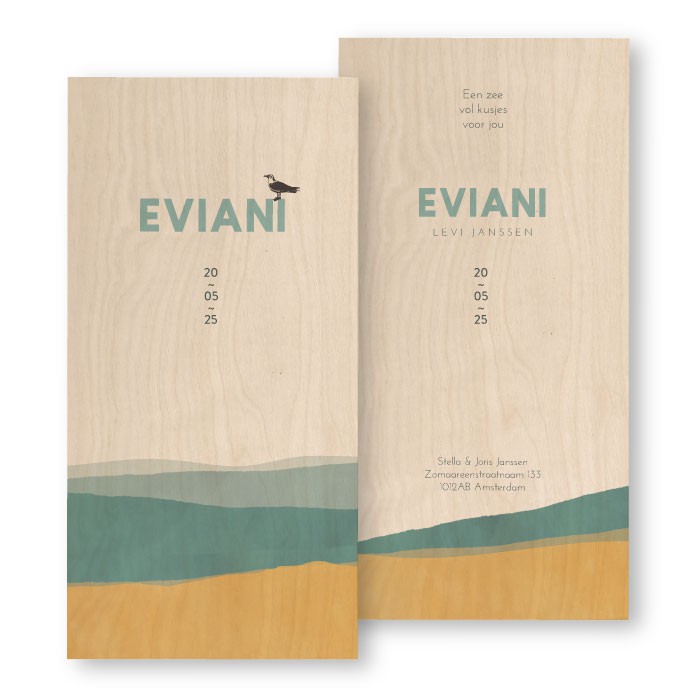 Geboortekaartje hout waterverf zee Eviani