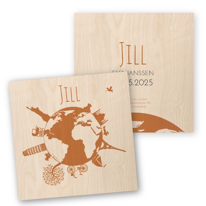 Geboortekaartje Echt hout wereldbol Jill