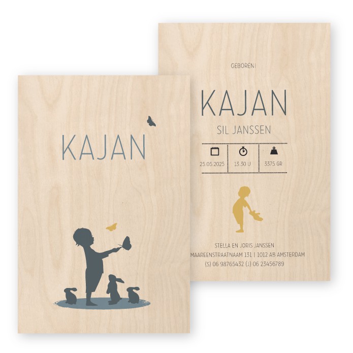 Geboortekaartje hout silhouetje Kajan