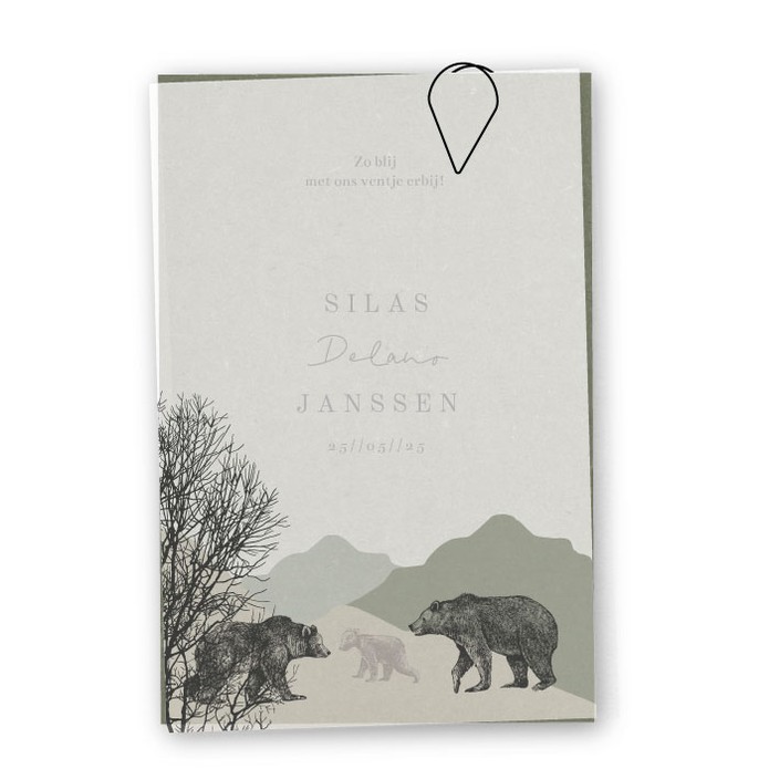 Geboortekaartje kalk label vintage beertjes Silas