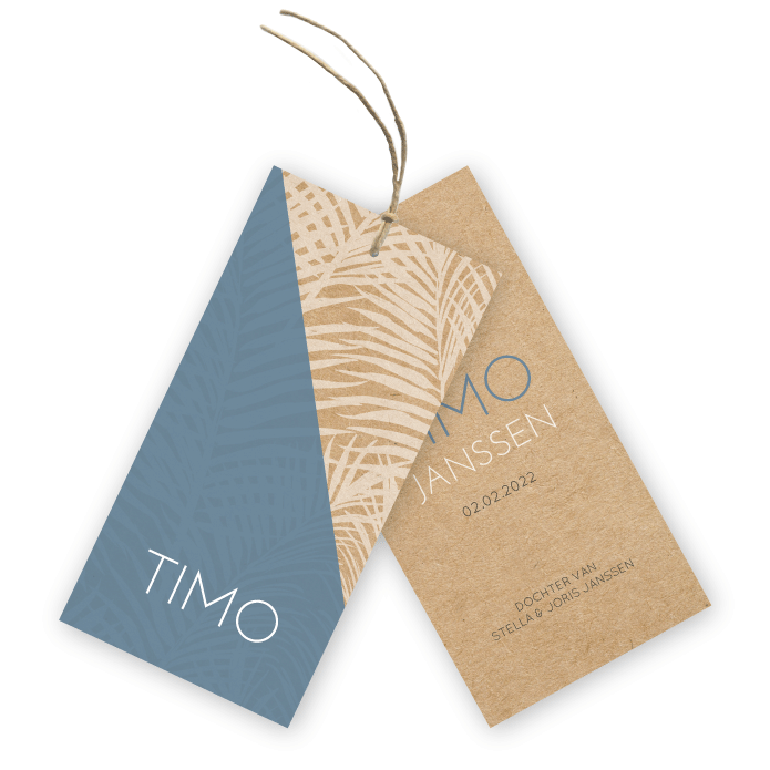 Geboortekaartje kraft labels palm bladeren Timo