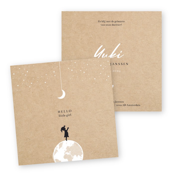 Geboortekaartje kraft karton wereldbol meisje Yuki