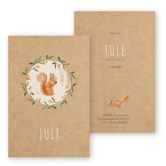 Geboortekaartje kraft karton waterverf eekhoorntje Jule