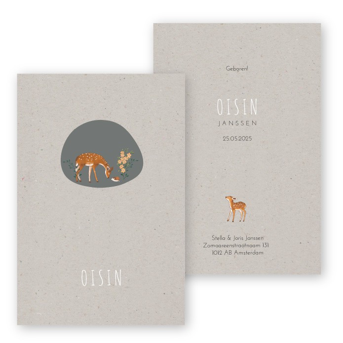 Geboortekaartje grijs kraft karton hertje Oisin