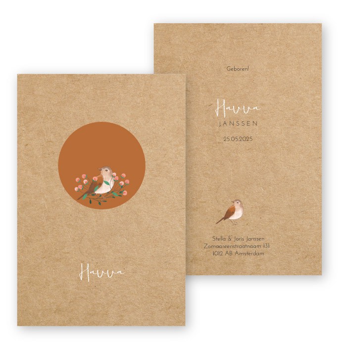 Geboortekaartje kraft karton vogeltje Havva