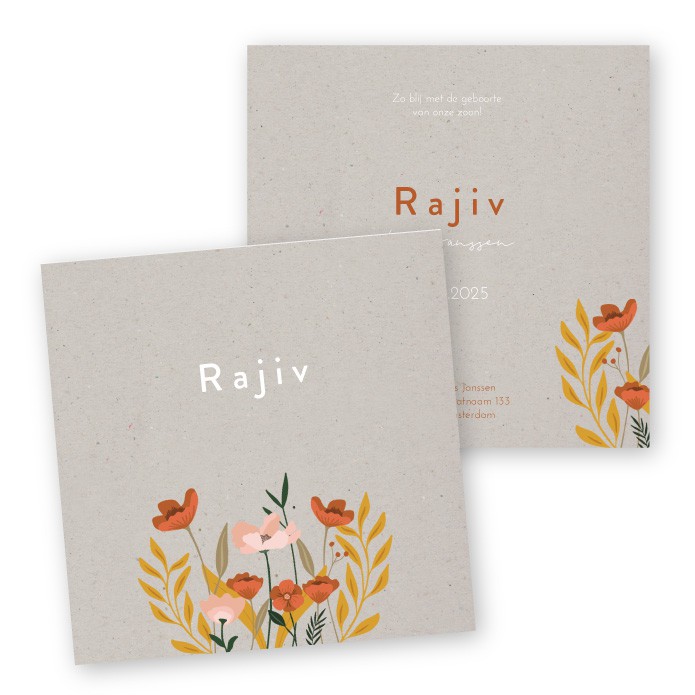 Geboortekaartje grijs kraft karton botanisch bloemen Rajiv