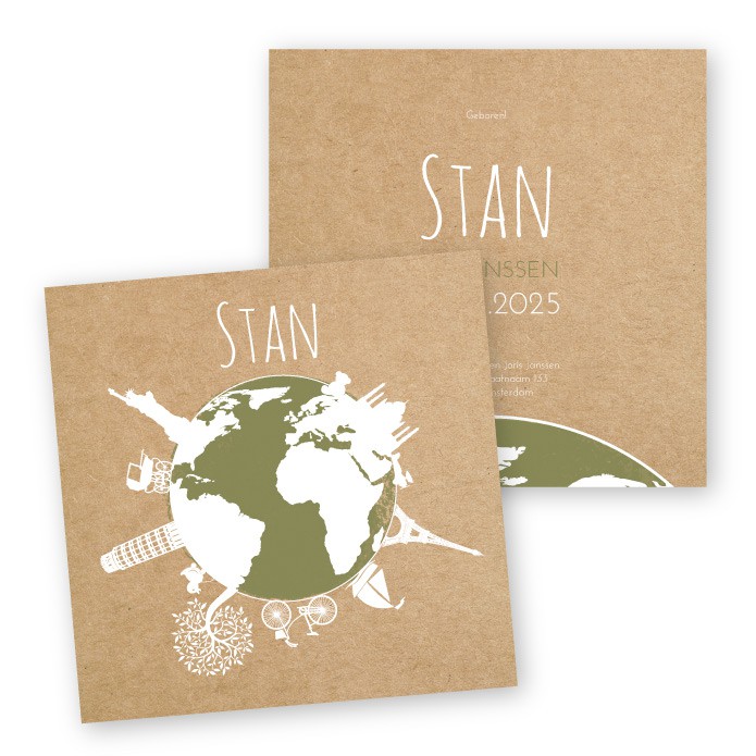 Geboortekaartje kraft karton look wereldbol - Stan
