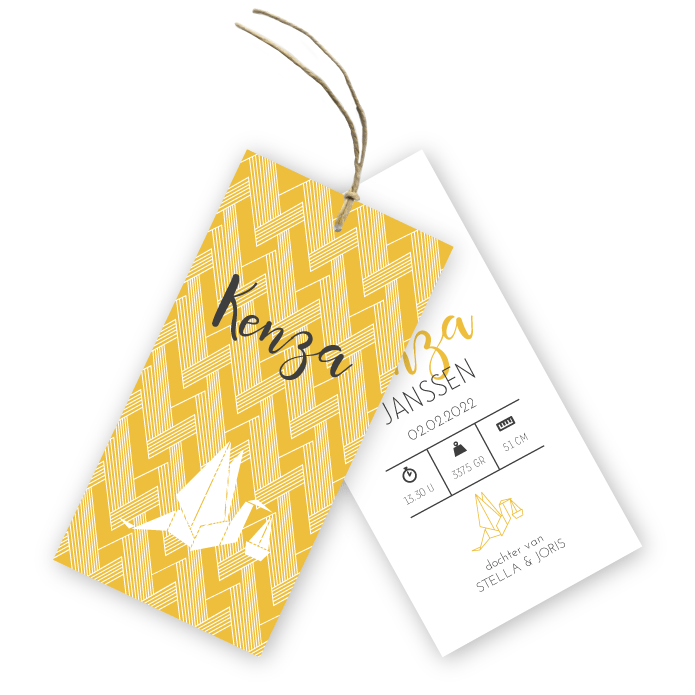 Geboortekaartje label geometrisch patroon en ooievaar Kenza