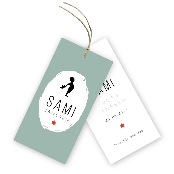 Geboortelabel kraft grijs jongetje met beer Sami