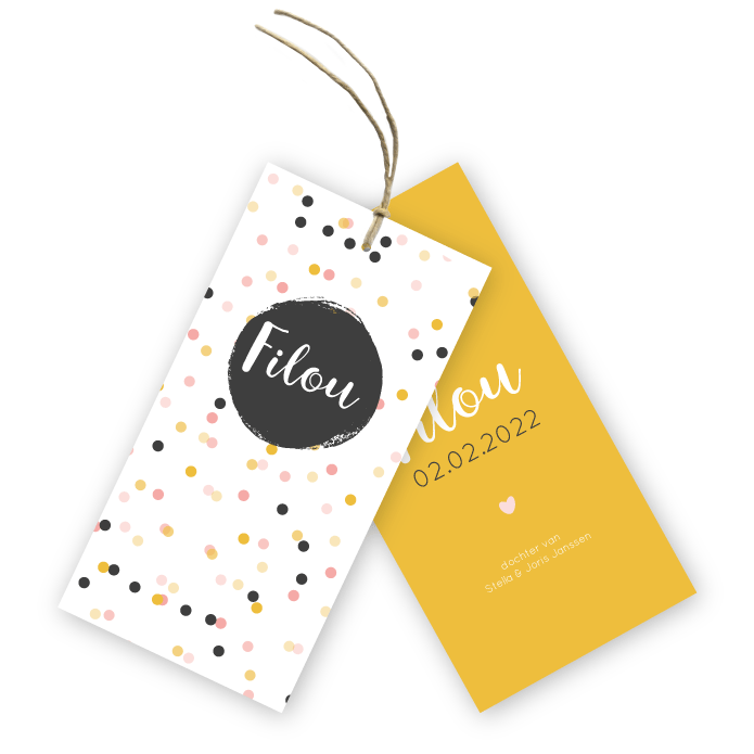 Geboortekaartje labels confetti Filou