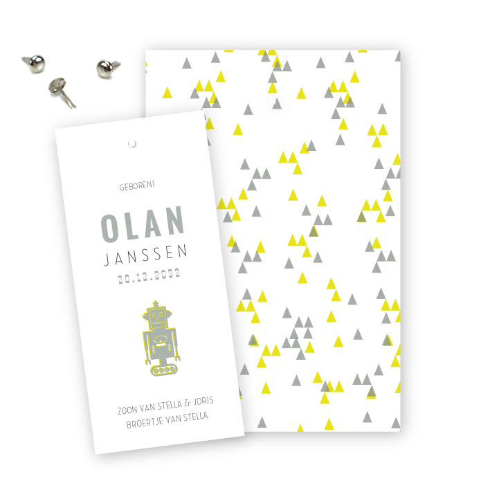 Geboortelabel splitpen robot Olan