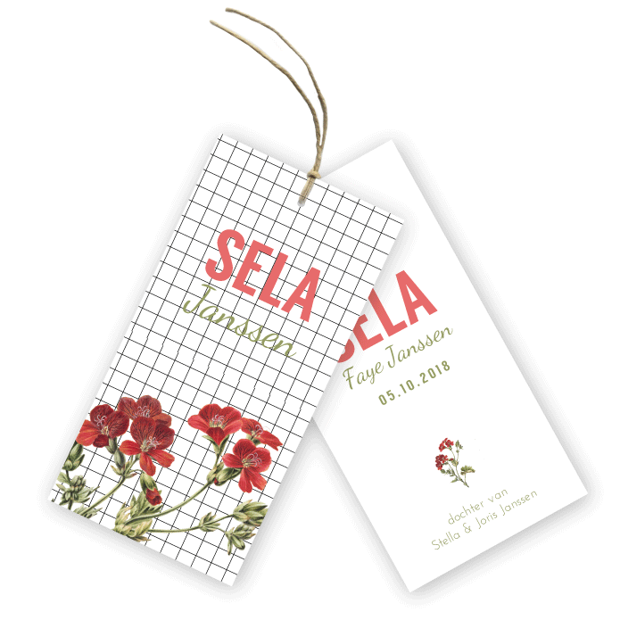Geboortekaartje labels vintage bloemen en strakke lijnen Sela