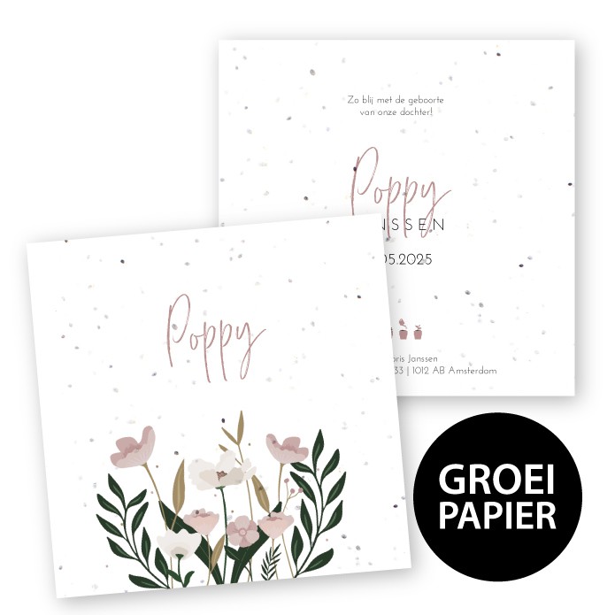 Geboortekaartje groeipapier botanisch bloemen Poppy