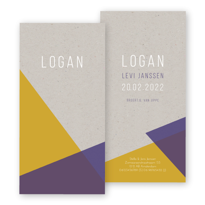 Geboortekaartje seventies grijs  kraftpapier Logan