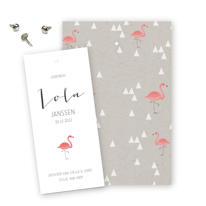Geboortekaartje splitpen label flamingo Lola