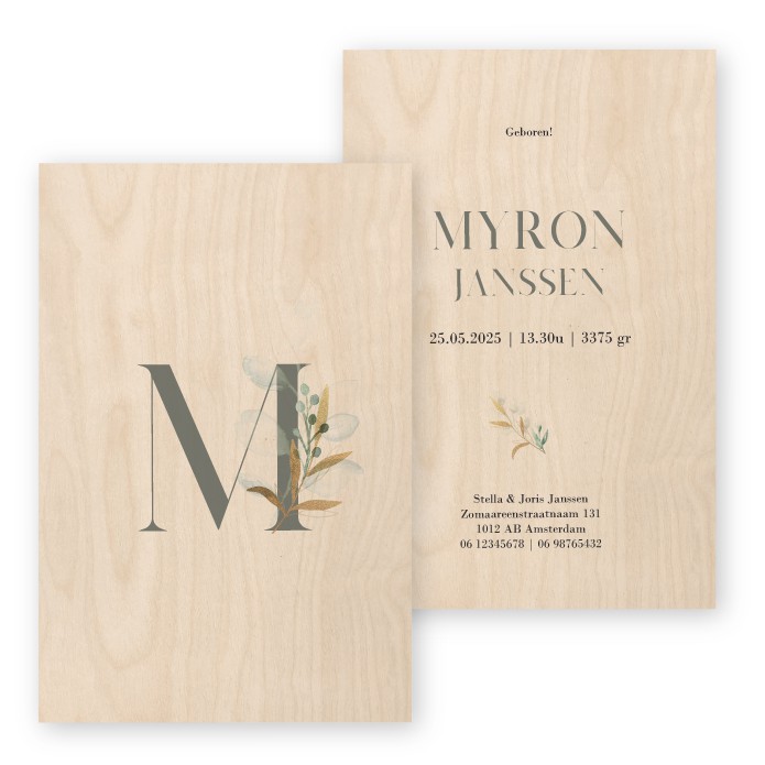 Geboortekaartje hout waterverf letter Myron